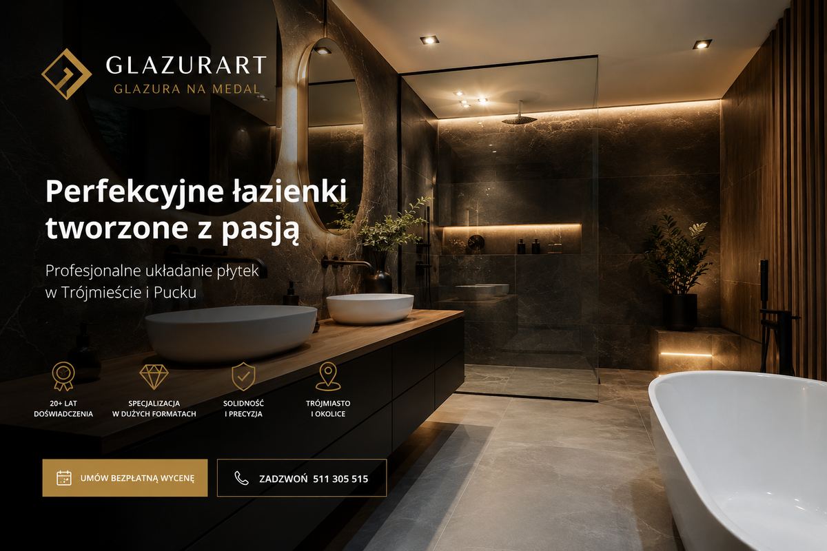 Nowoczesna łazienka z kamiennymi płytkami, złotym oświetleniem, prysznicem i białą umywalką na drewnianym blacie.